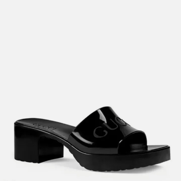 Gucci Women’s Black Rubber Platform Block Heel Slide Sandals 👡 - Picture 2 of 8